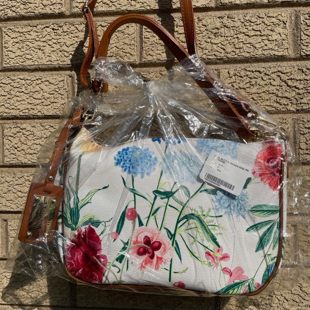 Valentina Italia Rose Print Genuine Leather Crossbody